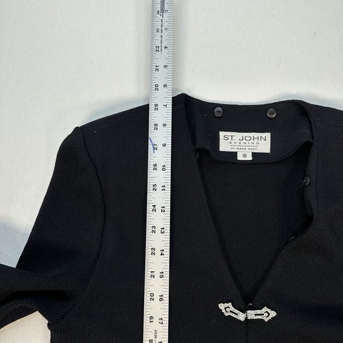 St. John Evening Knit Hook Eye Cardigan Sweater Black Silver Gold Crystal Sz 10 - Picture 13 of 19