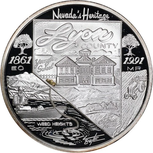 1991 Nevada Heritage Lyon County 2 oz .999 Fine Silver Round with Gold Nugget