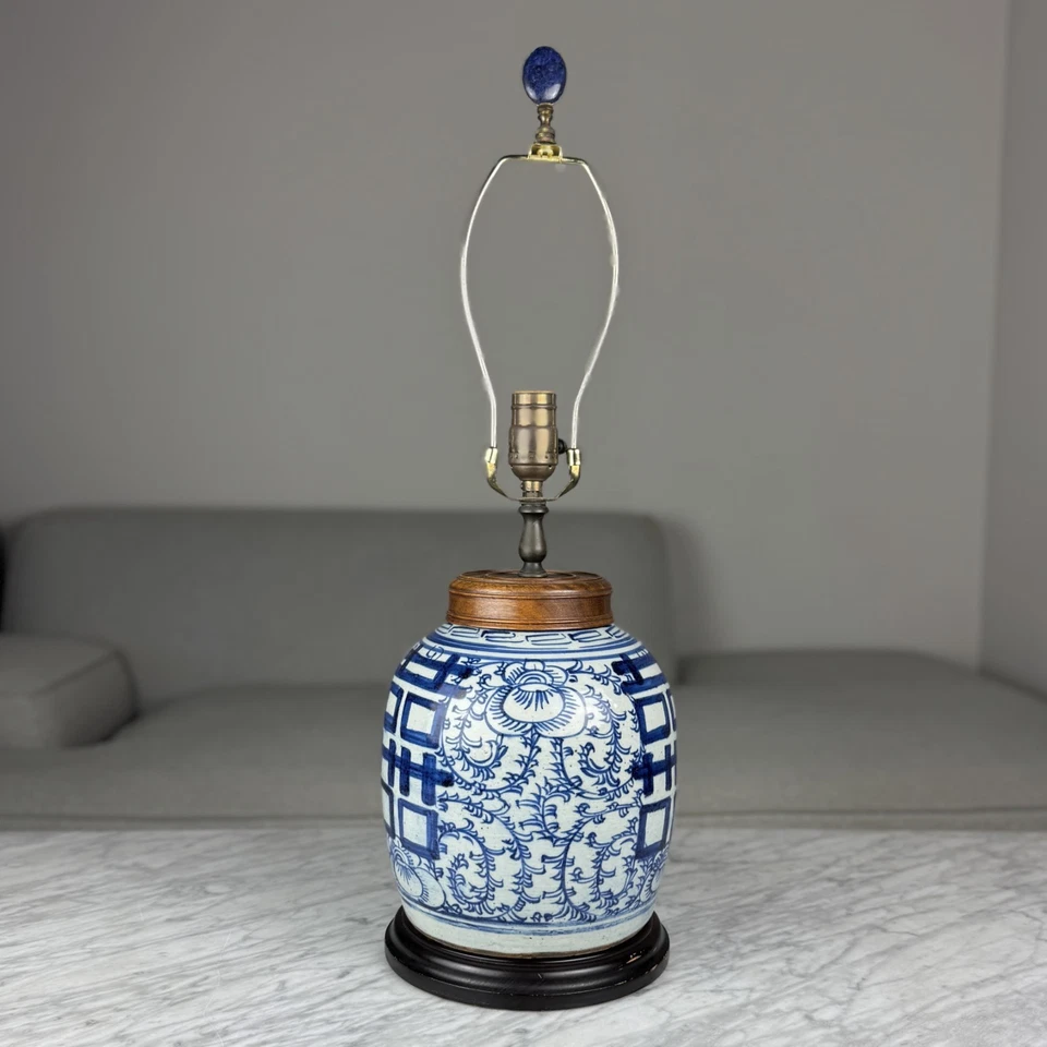 Antique Chinese Blue and White "Double Happiness" Ginger Oriental Jar Lamp24"  - Image 2 of 4