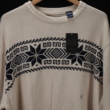 NEW CHAPS SWEATER CREW NECK BEIGE NAVY BLYE SNOWFLAKE SKI SNOW FLAKE DESIGN XXL