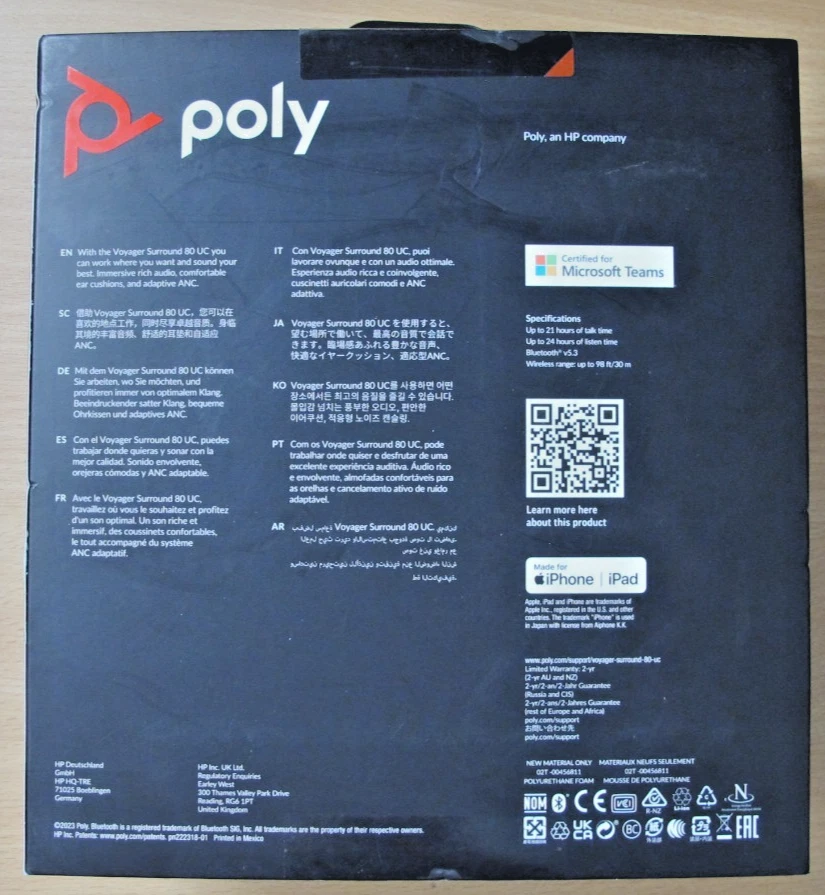 Auriculares Poly Voyager Surround 80 UC USB-C + Adaptador USBC/A 8G7T9AA Caja Abierta Foto 3 de 4