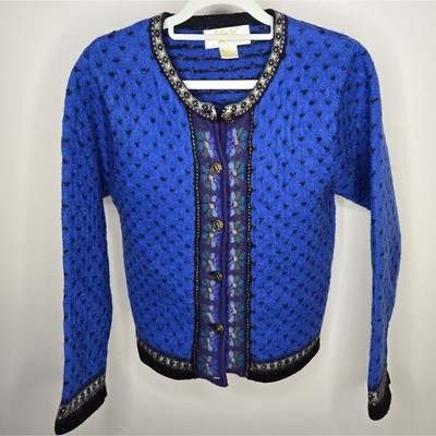 TALLY-HO 100% Wool Blue and Black Heart Patterned Cardigan Sweater Size Small 