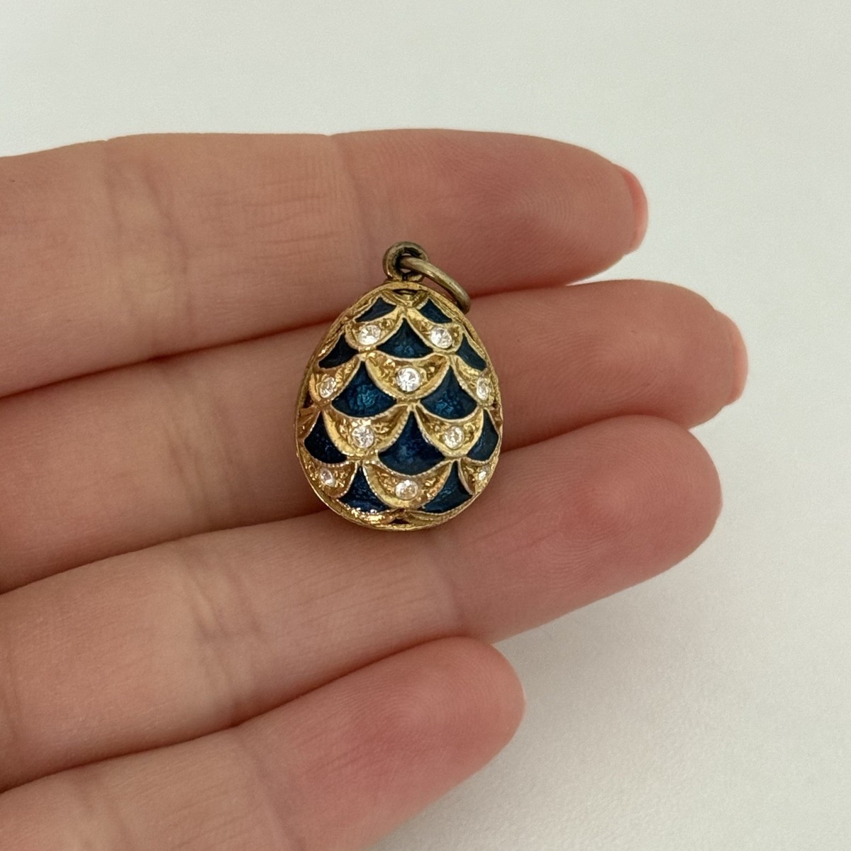 Vintage Blue Enamel 3D Egg Clear Crystal Gold Tone Pendant View 2