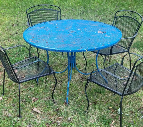 5pc Vintage Black & Blue Wrought Iron Patio Set Table & 4 Barrel Back Chairs 