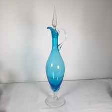 Vintage MCM Empoli Turquoise Glass Decanter w/Clear Flame Glass Stopper 20"