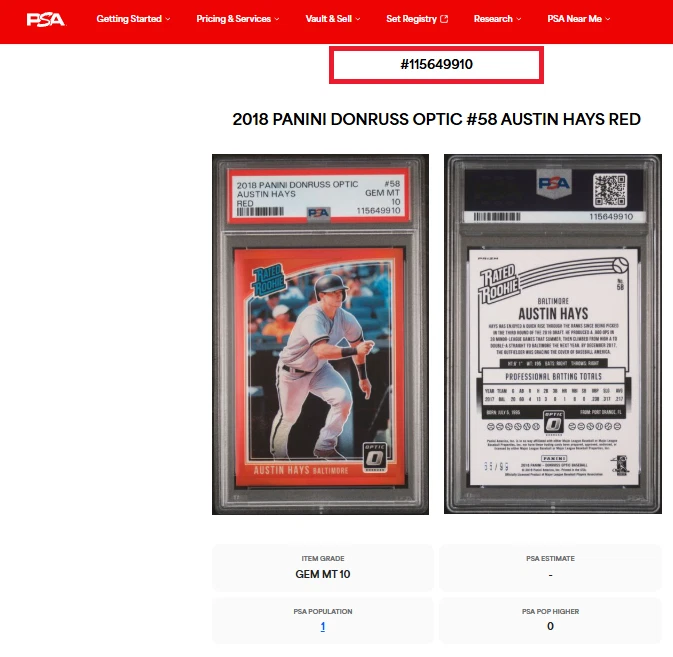 2018 Panini Donruss Optic Red Prizm #58 Austin Hays /99 Rookie RC PSA 10 POP 1 - Image 3 of 3