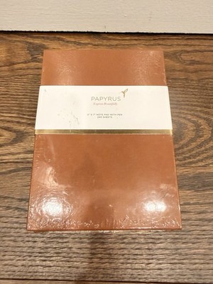 Papyrus: Elegant 5''x7'' brown leatherette notepad (240 sheets) with gold pen. New