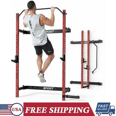 Foldable Squat Rack 1000 LBS Space-Saving with Pull Up Bar & J Hook & Landmine