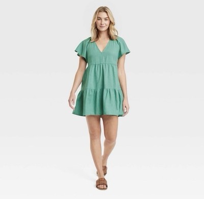 Universal Thread Green Linen Blend Tiered Dress Size M Flutter Sleeve Mini 