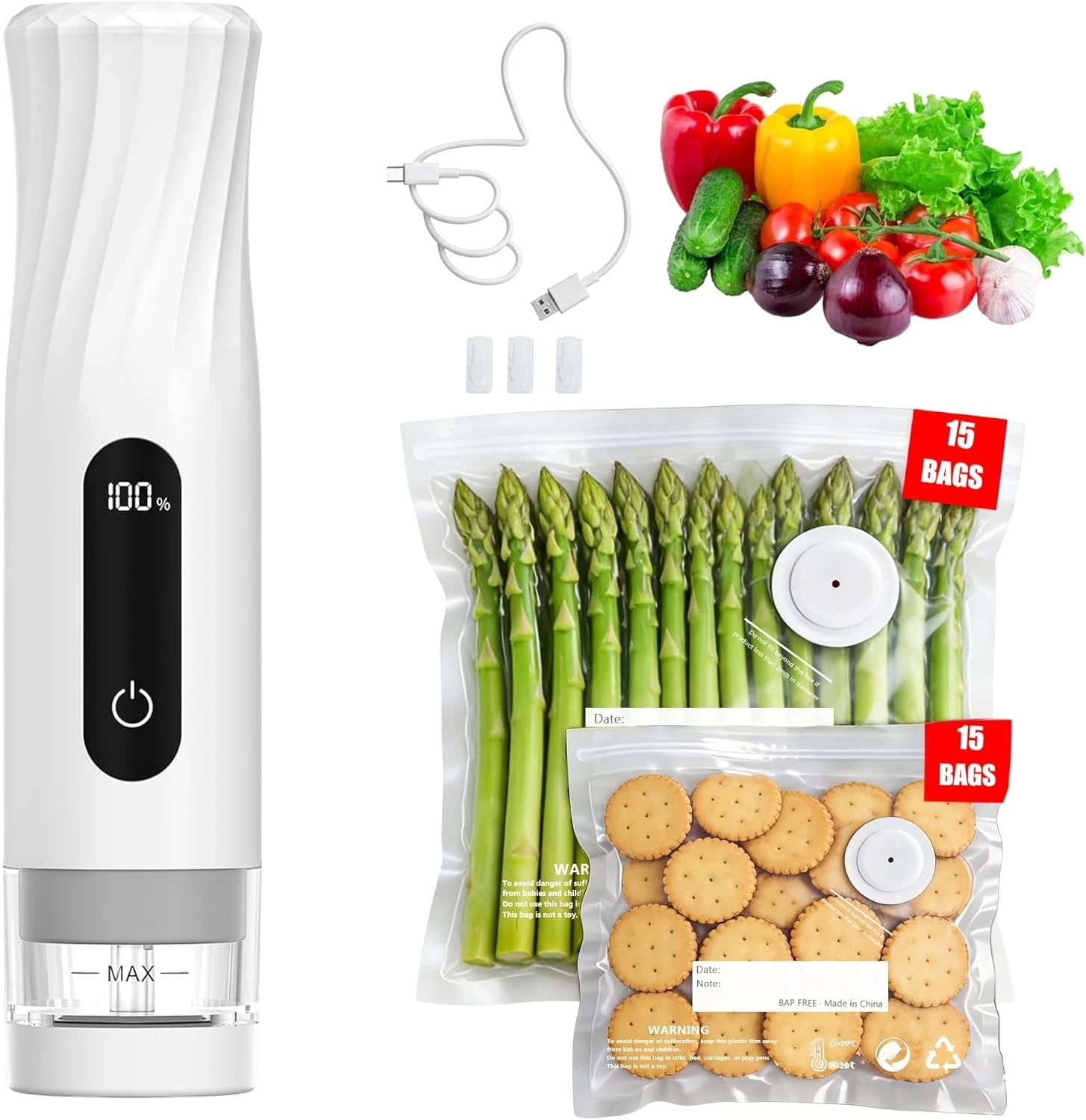 Compact Vacuum Sealer Food Storage Portable Handheld Food Sealer 80kPa Suction