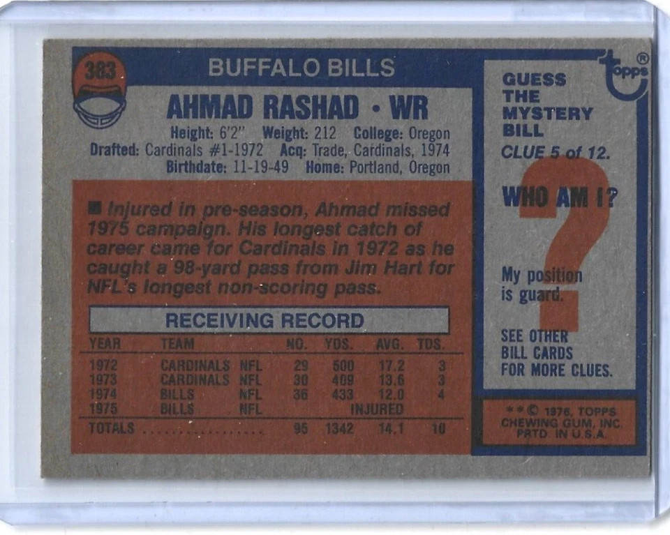 Ahmad Rashad 1976 Topps Football Card #383-Buffalo Bills - Image 2 of 2