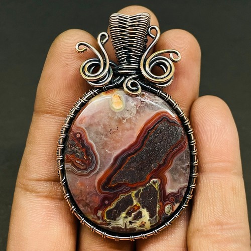 Natural Crazy Lace Agate Wire Wrapped Pendant Handcrafted Copper Ethnic Gift 2.3 - Picture 2 of 10