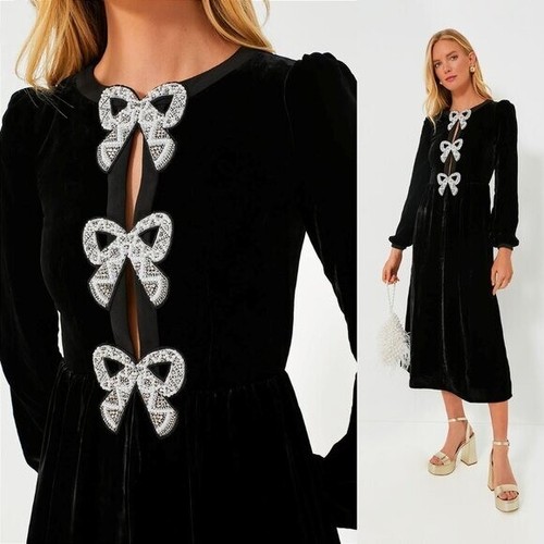 Saloni NEW Velvet Camille Bows Long Sleeve Formal Elegant Midi Dress Size 6