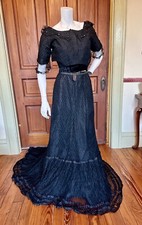 Antique 2-Pc. Black Silk, Lace Trained Mourning Dress Velvet Trim  MOP Sequins