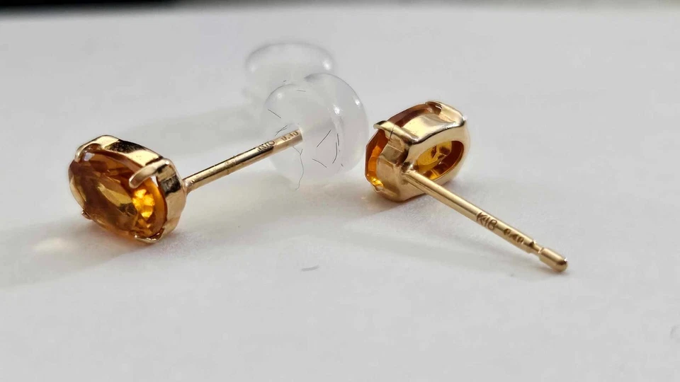 Серьги-гвоздики с цитрином из настоящего желтого золота 18 карат ноябрьский камень силиконовый замок - Изображение 4 из 4