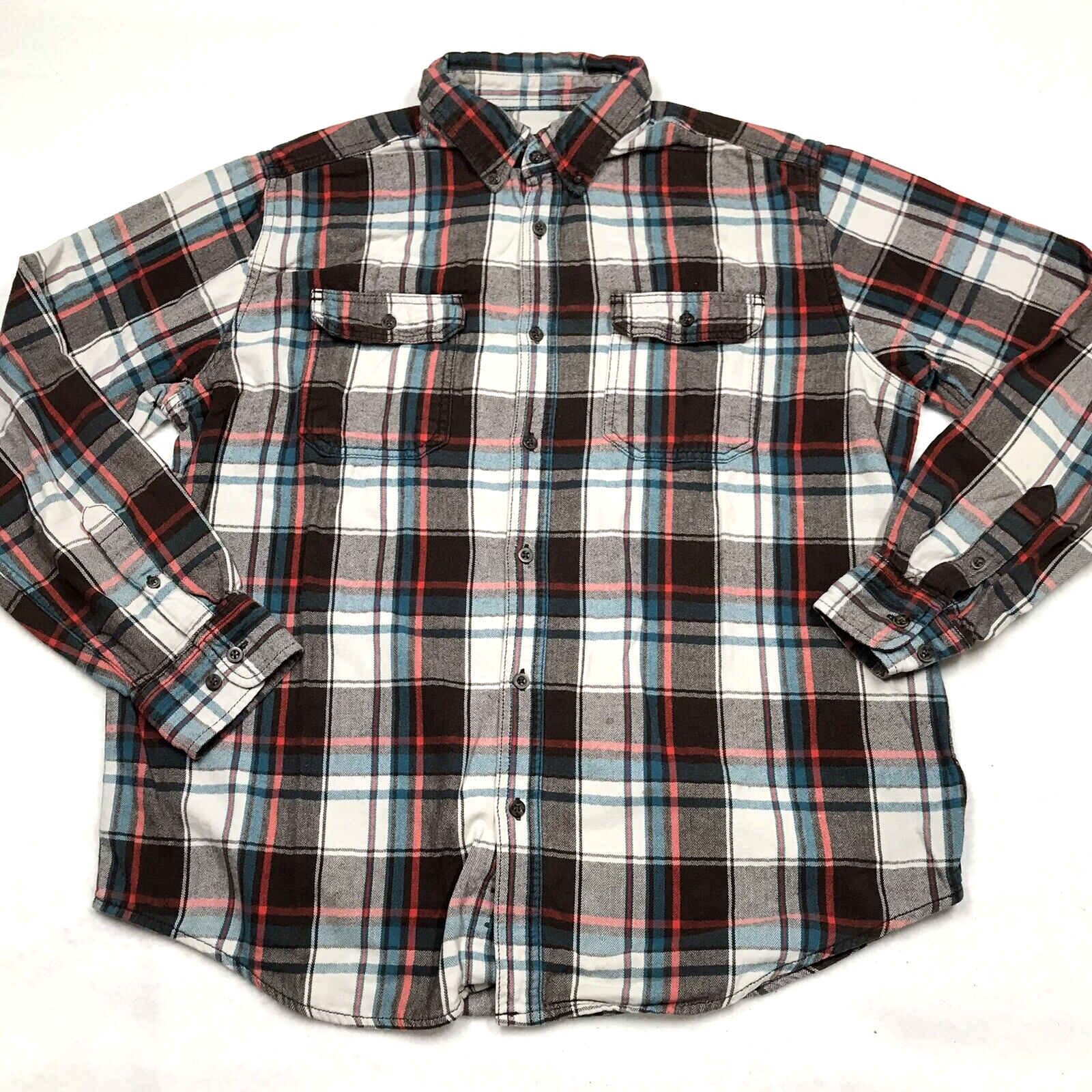 GEORGE Flannel Shirt Men L Turquoise Salmon Brown Blanket Plaid Grunge Herringbo-image