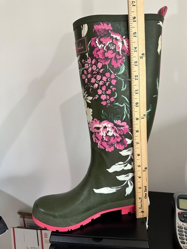 Joules Size 9 Welly Print Floral Rain Boots Hunter Green / Pink Lined - Picture 10 of 12