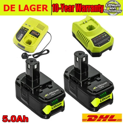 2X Akku/Ladegerät Für Ryobi 18V 5,0AH Lithium One+ Plus RB18L50 P108 RB18L40 DE