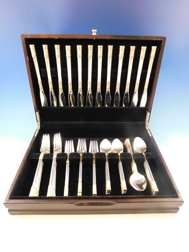 Aegean Weave Gold by Wallace Sterling Silver Flatware Set 12 Service 60 pieces  - Image 2 of 4
