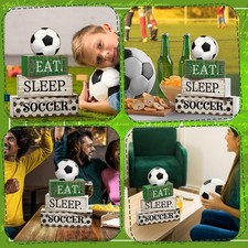 4 Pcs Soccer Wooden Tabletop Decor Soccer Tiered Tray Decor Rustic Wood Block...