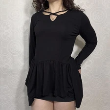 Vintage Peplum Long Sleeve Black Blouse Beaded Neckline Womens Med by That Woman