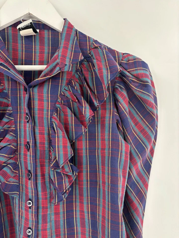 Vintage JT Casuals Button Up Blouse Womens Small Purple Red Long Sleeves Ruffles - Image 2 of 4