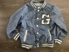 babyGap Blue Denim Varsity Jacket Snap Closure Pockets Logo 12-18 Months