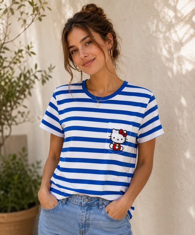 SANRIO HELLO KITTY STRIPED T-SHIRT.  POCKET WITH EMBROIDERED HELLO KITTY. SIZE S