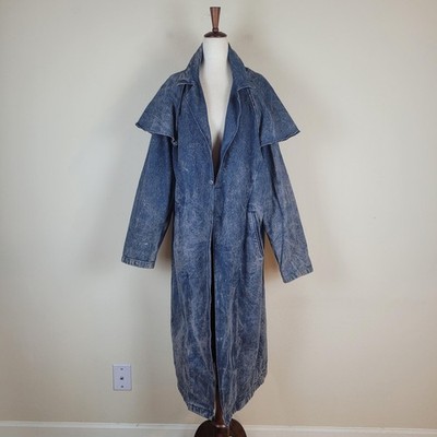 Vintage Mac Fads Coat Womens Large Blue Denim Oversized Duster 80s Retro Trench