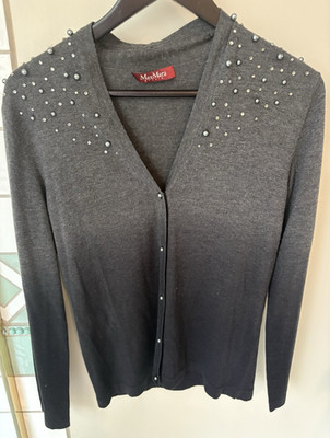 Max Mara Studio Women's Gray Beaded V-Neck Button-Front Cardigan Sweater M