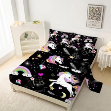 Black Kids Unicorn Sheets Set Full Girls Boys Cartoon Rainbow Bedding Set Cute R