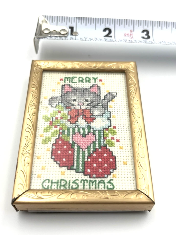 DE COLECCIÓN Feliz Navidad Oro Marco Punto de Cruz Gatitos Pequeño Foto 3 de 4