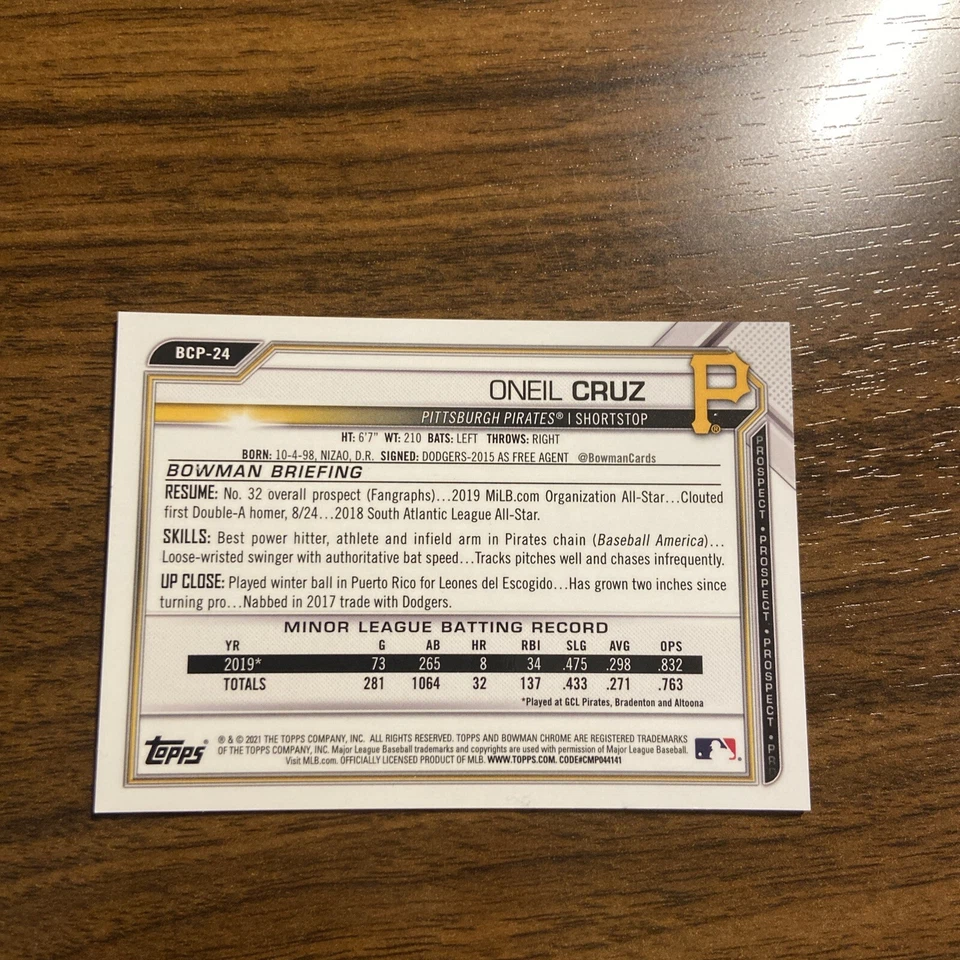 2021 Bowman Chrome Prospects Oneil Cruz Pink Refractor /199 BCP-24 Pirates - Image 2 of 2