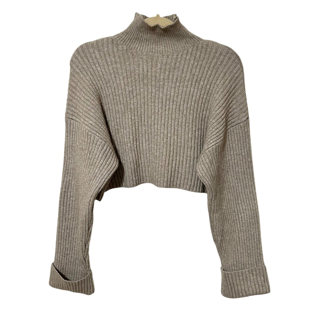 Zara Womens Ribbed Crop Pullover Sweater S Beige Cuff Sleeves Mock