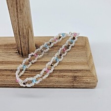 Woven Clear, Pink  Blue Seed Bead Anklet w Copper Bead Accents