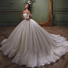 Shiny Ball Gown Wedding Dresses For Women Strapless Lace Sequined Bridal Gowns