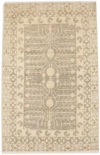 4X6 ft Handmade Khotan Muted Taupe Floral Rug Peshawar Pakistan Entryway Carpet