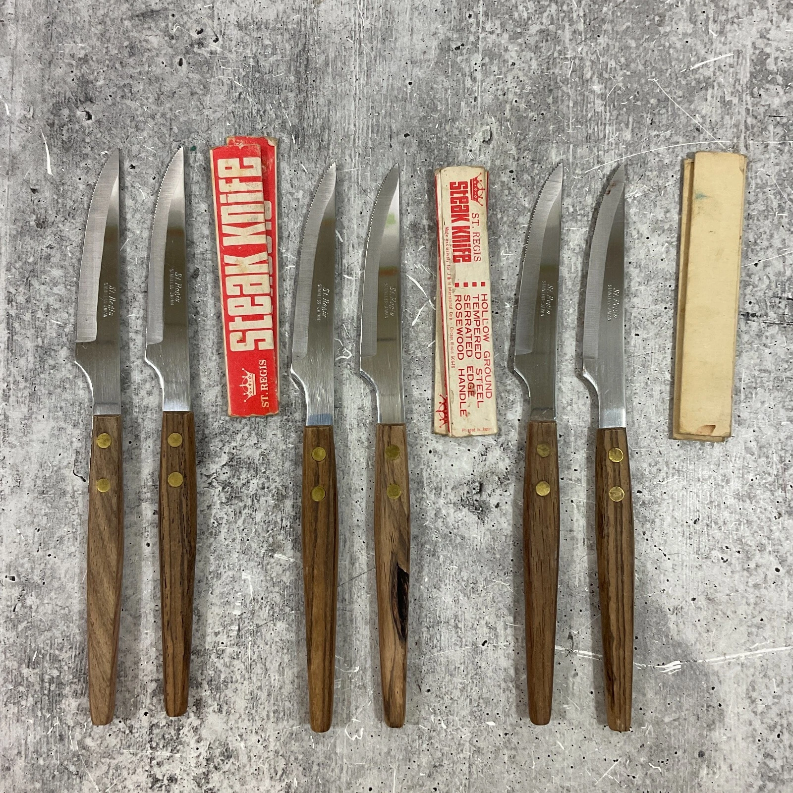 VTG Lot of 6 St Regis Serrated Steak Knives Stainless Japan MCM Rosewood Handle