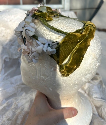 Green velvet hat vintage 1950s fascinator white flowers netting pin up lolita - Picture 3 of 5