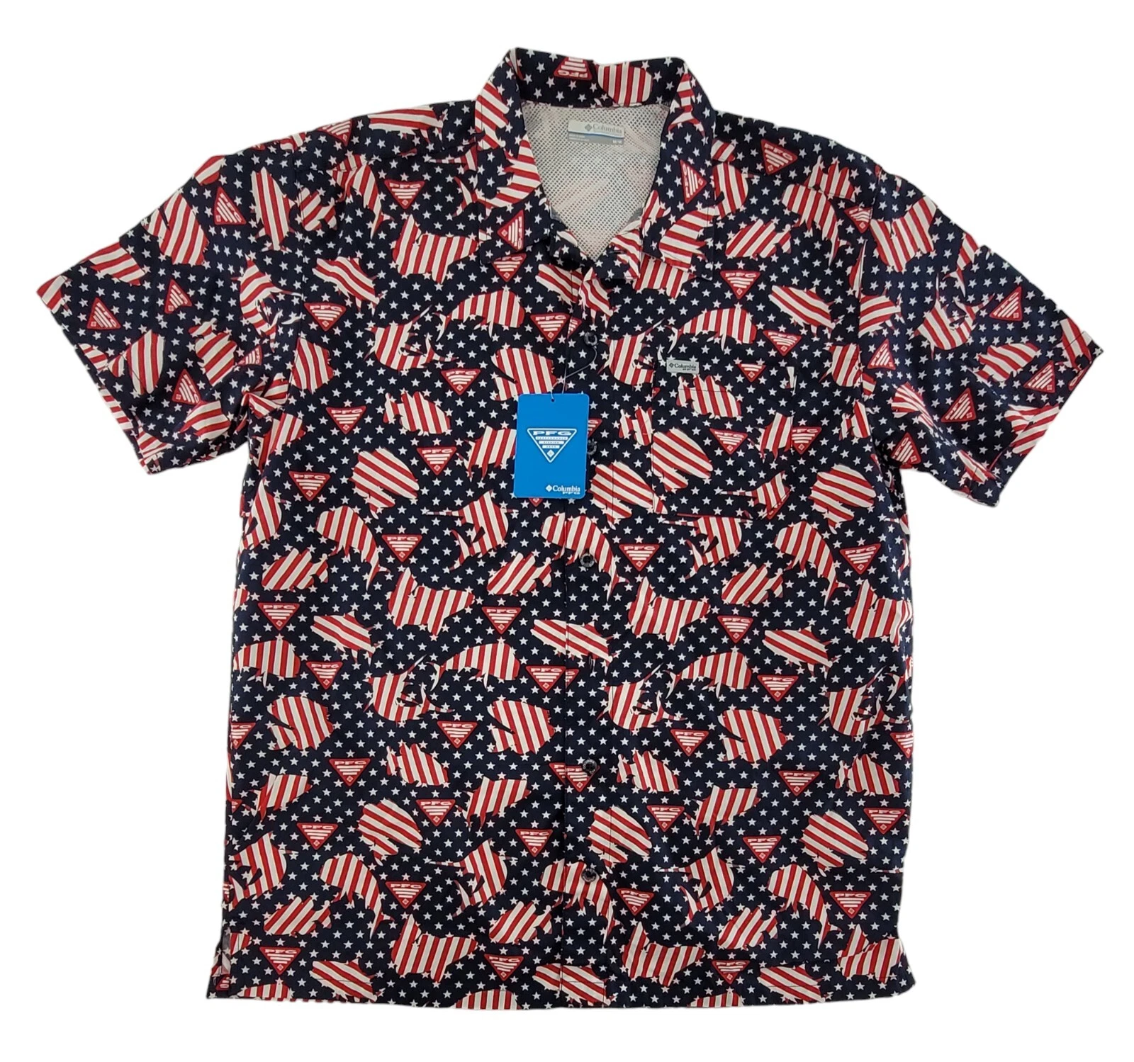 Columbia Men's Medium PFG Trollers Best Vented Patriotic USA Flag Fishing Shirt