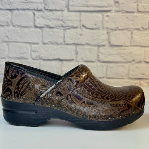 Dansko Brown Leather Tooled Embossed Stapled Professional Clogs Size 40 US 9.5