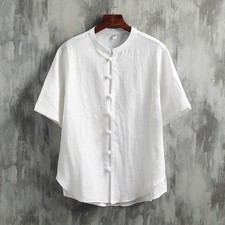 100% Pure Linen Chinese Standing Collar Short Sleeved Shirt Men's Summer Shirt