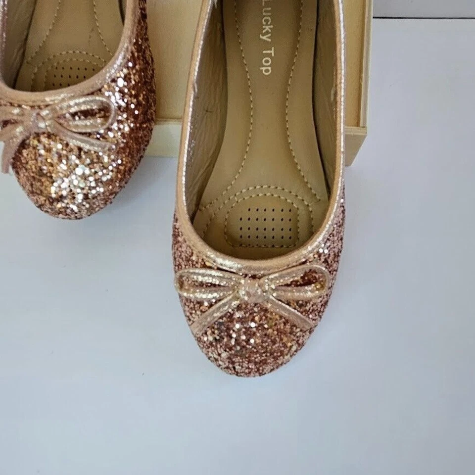 Zapatos de vestir planos brillantes con lazo Lucky Top para niñas bailarina sin cordones oro rosa talla 1 Foto 4 de 4