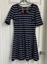 Eliza J Blue White Striped Fit & Flare Casual Dress Size 10 Nautical Coastal