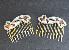 VTG Cloisonne Enamel Hair Comb Floral Rose Butterfly White Tone Brass Set Of 2