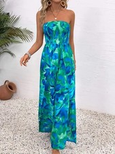 Blue Green Jumpsuit Strapless Smocked Floral Print Sleeveless Pullover Long