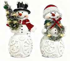 Snowman Christmas Decorations Set of 2 with LED Lights, Resin Light Up Snowman F