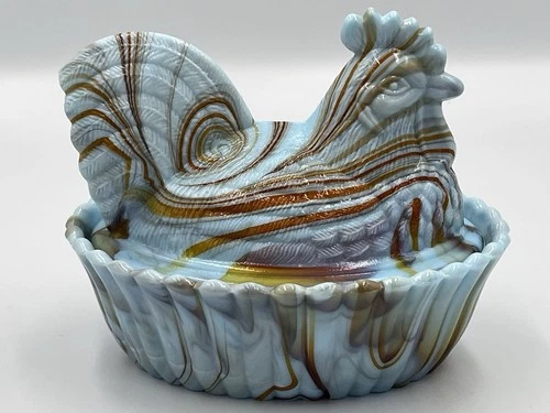 Westmoreland Blue Milk Red Slag Rooster On Nest Art Glass Vintage NEW OLD STOCK