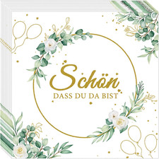 20 Stück Servietten "Schön dass du da bist" - Gold-umrandet mit Eukalyptus-Weiß,