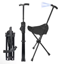 Cane with Seat Foldable Lightweight Walking Stick with LED Light Adjustable